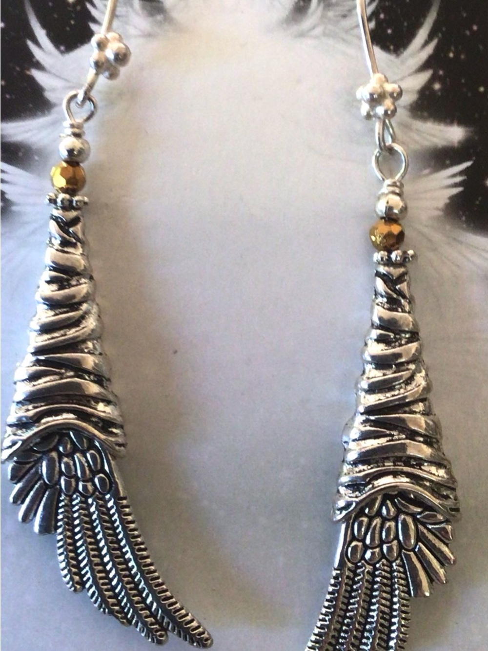 Silver Angel Wing Drop Earrings with Gold Swarovski crystal- Women Jewelry